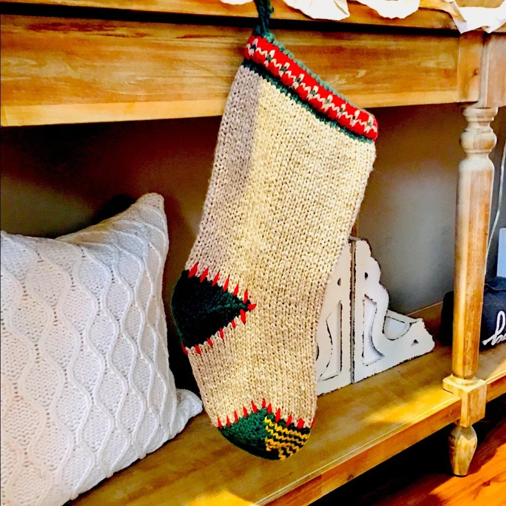 Vintage knit crochet Christmas stocking and farmhouse winter cards set